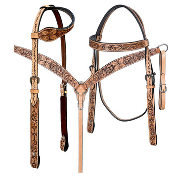 Bar H Equine Western Horse Genuine Leather Floral Carved Tack Set Tan